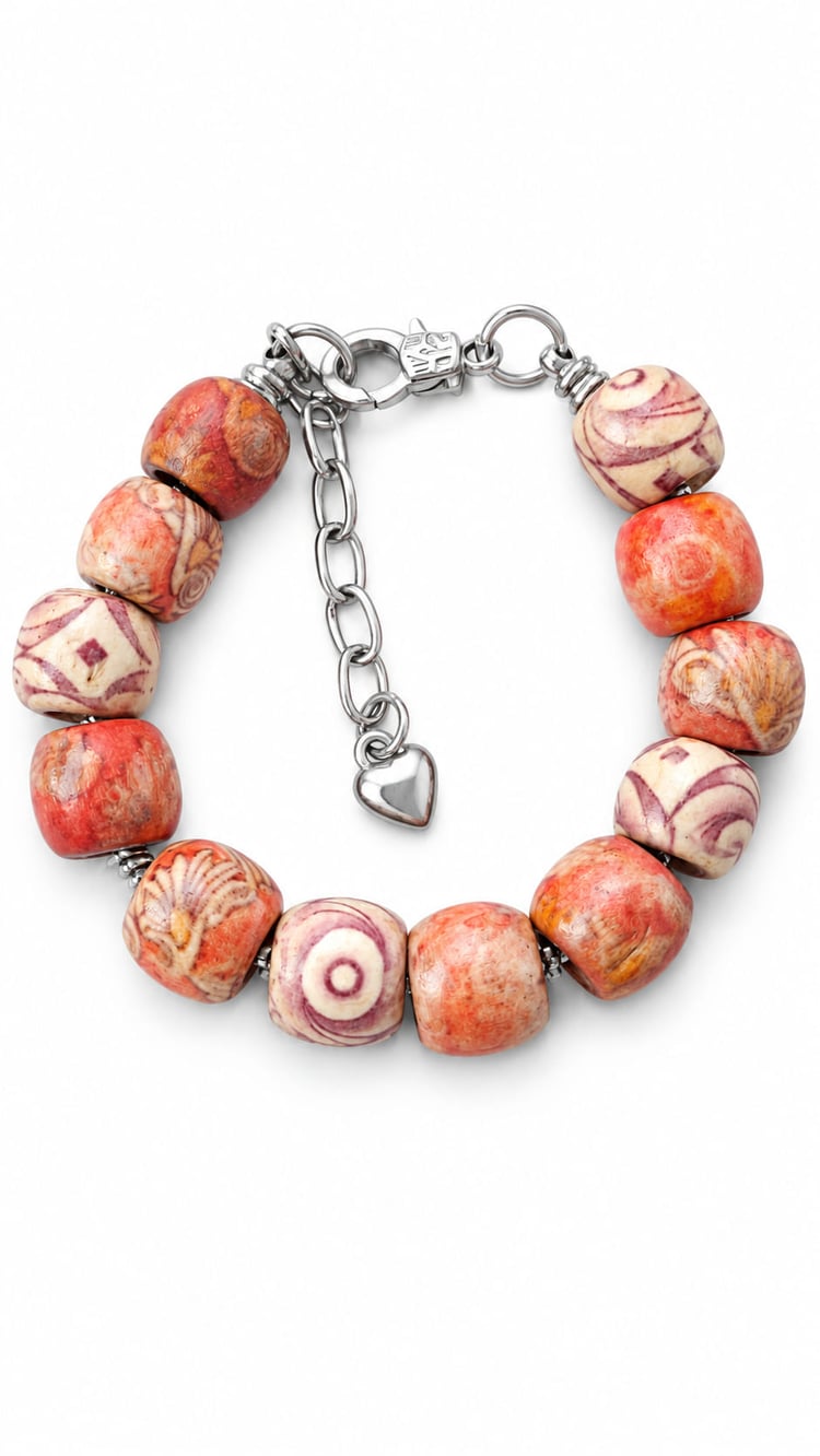 Adjustable natural wood bead bracelet with chunky orange, cream and brown patterned beads, silver-tone zinc alloy fittings and heart charm.