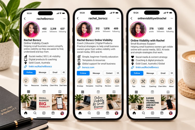 Three mobile phones displaying different versions of Rachel Borscz's social media business profile, with variations in business names, usernames and bios, illustrating the importance of consistent branding for small business online visibility.