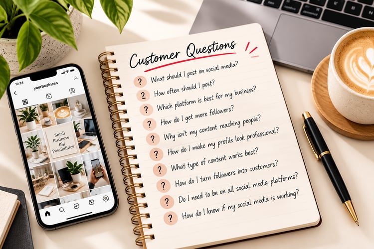 Open notebook listing common customer questions about social media marketing, beside a smartphone displaying a small business Instagram profile, illustrating how customer questions can inspire useful social media content.