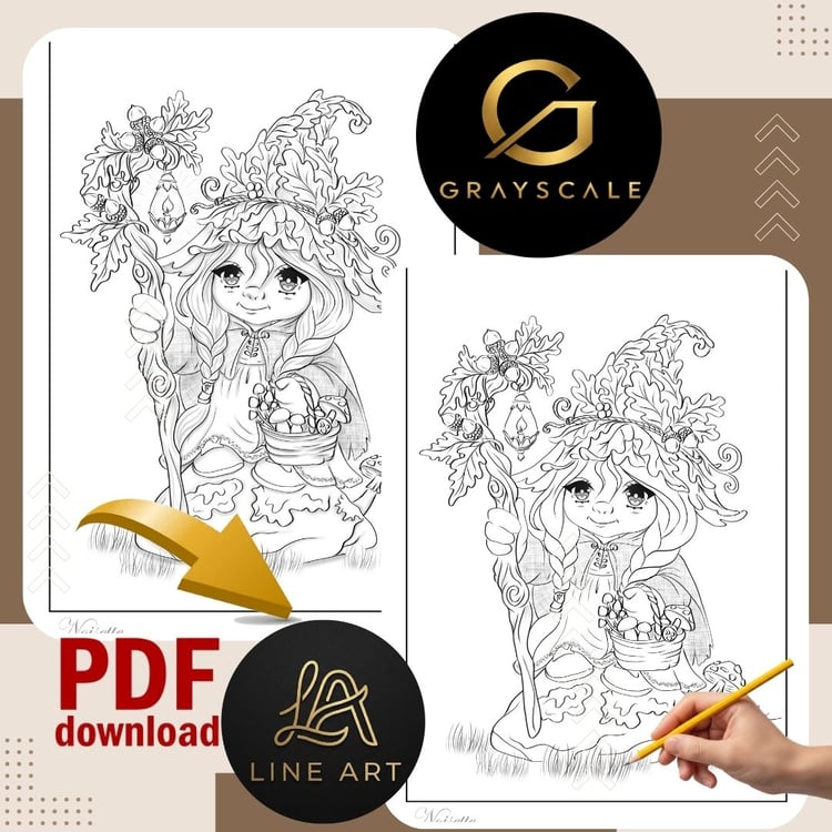 coloriage automne, fantasy coloring page, grayscale coloring page, line art coloring page, gardienne forêt, champignons magiques, coloriage adulte, coloriage féerique, automne enchanté, forêt magique, instant download, printable coloring page, Noisette.
