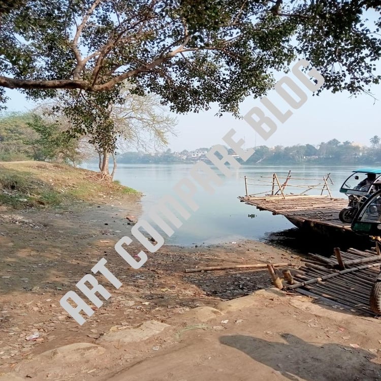 E-Rickshaw on a Bamboo Ferry Docking at the Muddy Riverbank Under the Shade of a Peepal Tree