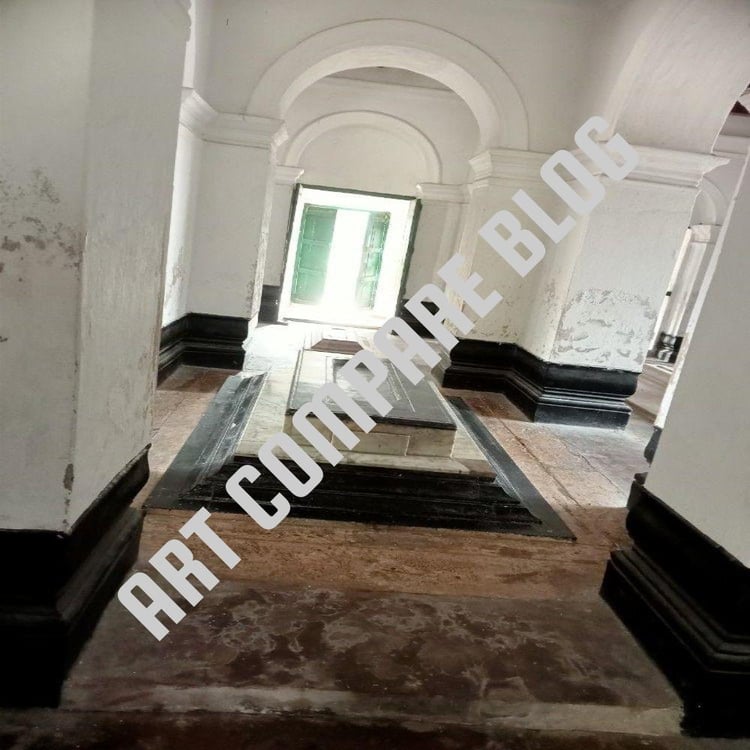 Central Marble Tomb Grave Inside White Arched Mausoleum Corridor with Open Green Door - Khushbagh Nawab Tomb Interior, Murshidabad