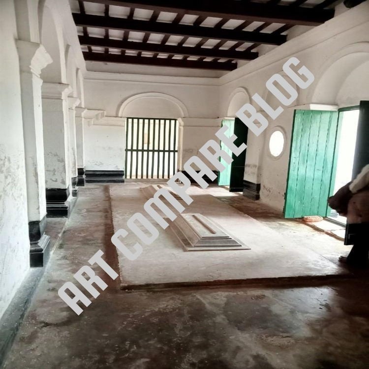 Two Ancient Stone Graves Inside Historic White Mausoleum Hall with Arched Pillars and Green Wooden Doors - Khushbagh Cemetery Tomb, Murshidabad