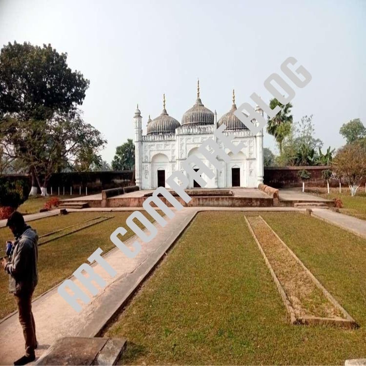 White Triple-Domed Mausoleum of Nawab Alivardi Khan with Garden Pathways - Khushbagh Tomb Complex, Murshidabad, West Bengal