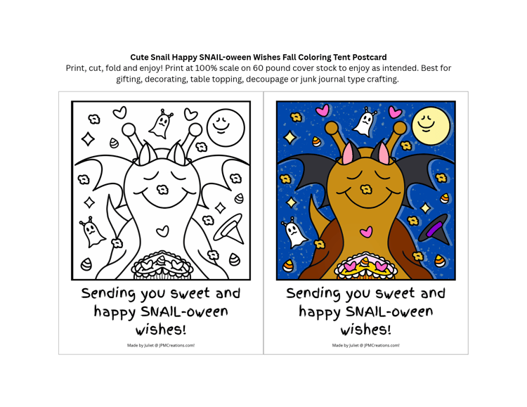 Cute Snail Happy SNAIL-oween Wishes 2 in 1 Coloring Postcard (Print Sheet)