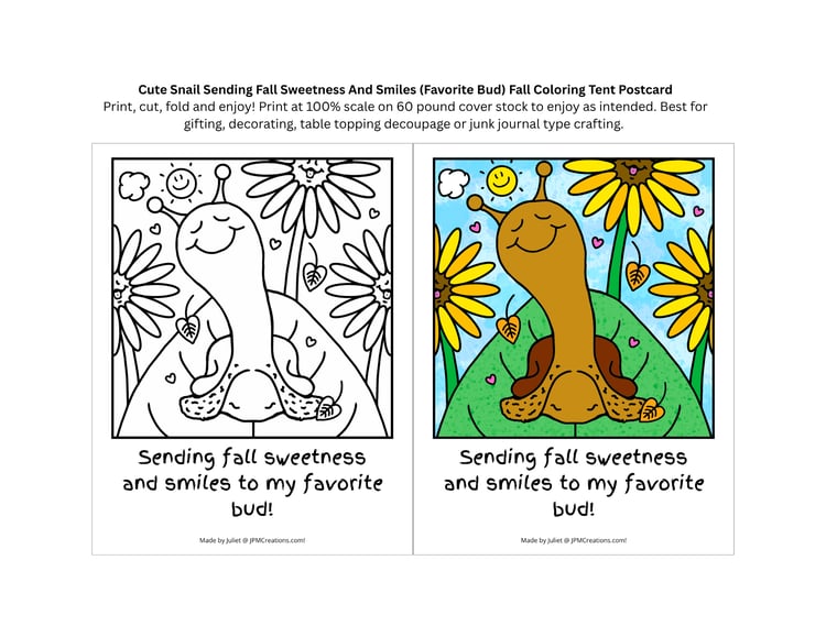 FREE Cute Snail Sending Fall Smiles Favorite Bud 2 in 1 Coloring Postcard  (Print Sheet)