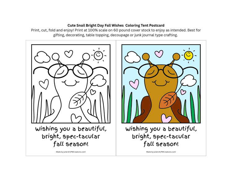 FREE Cute Snail Bright Day Fall Wishes 2 in 1 Coloring Postcard (print sheet)