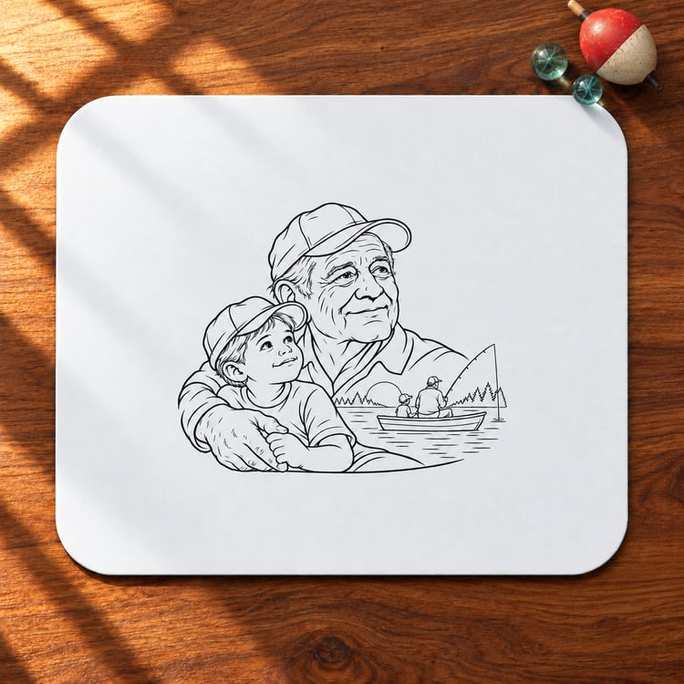 Grandfather/Boy mouse pad with black family line artwork on a white surface, shown on a sunlit wooden desk.