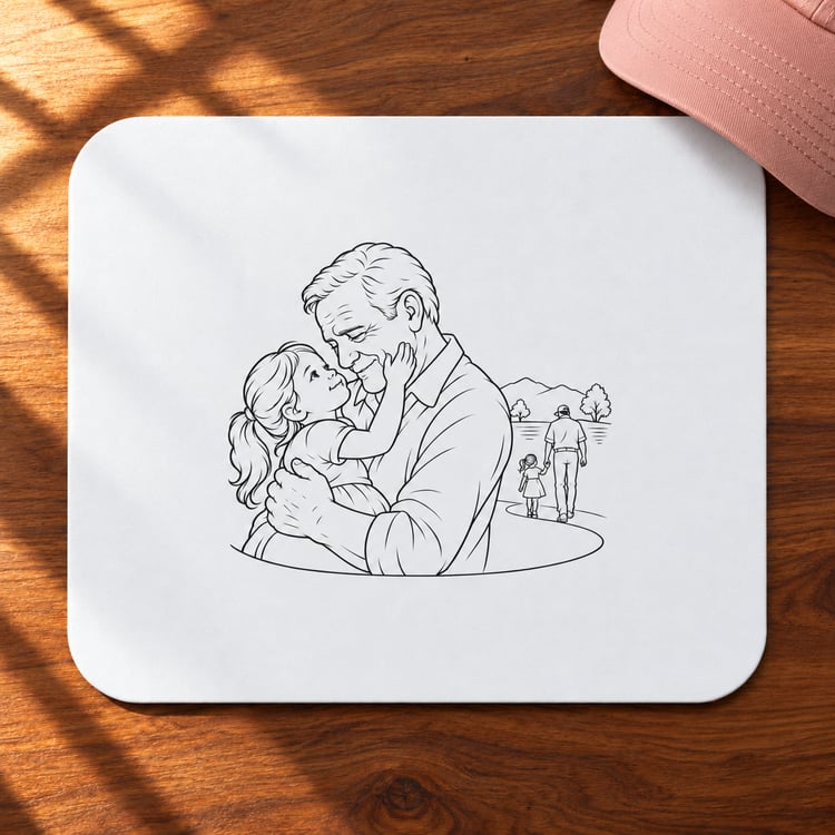 Grandfather/Girl mouse pad with black family line artwork on a white surface, shown on a sunlit wooden desk beside a pink notebook.