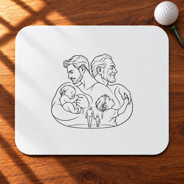 Fatherhood mouse pad with black family line artwork on a white surface, shown on a sunlit wooden desk.