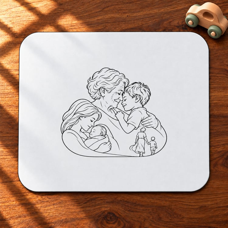 Grandmother/Boy mouse pad with black family line artwork on a white surface, shown on a sunlit wooden desk beside a toy car.