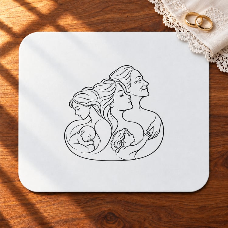 Motherhood mouse pad with black family line artwork on a white surface, shown on a sunlit wooden desk.