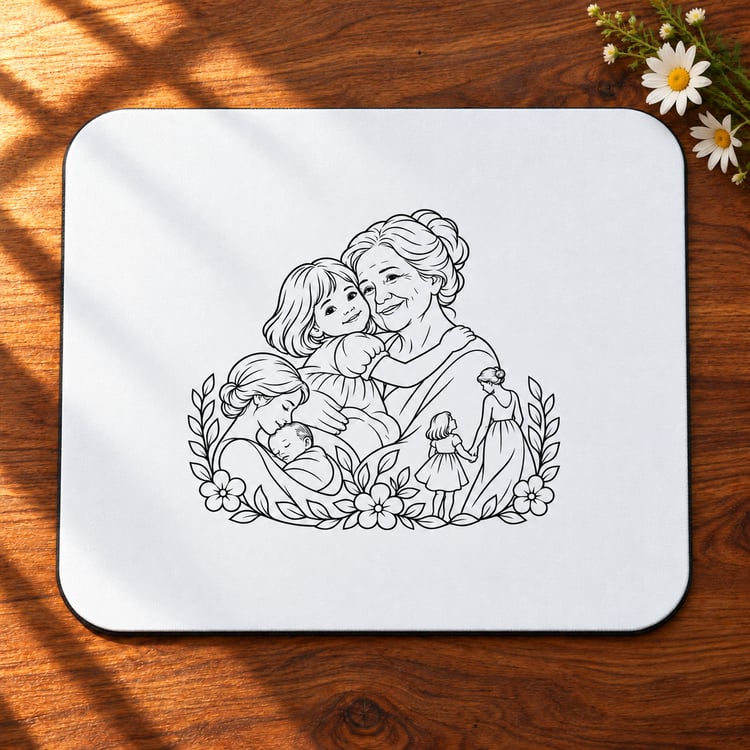 Grandmother/Girl Floral mouse pad with black family and floral line artwork on a white surface, shown on a sunlit wooden desk beside daisies.