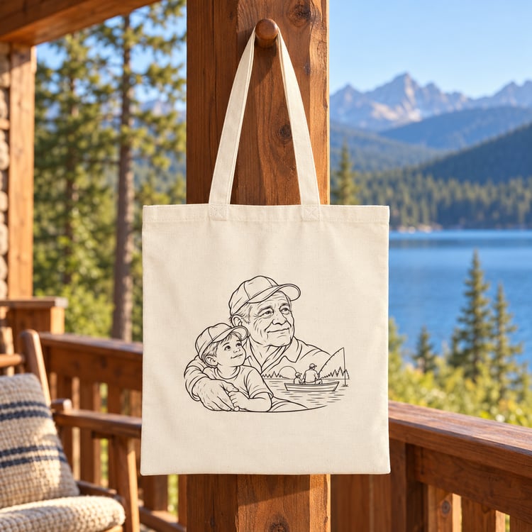 Natural canvas tote with Grandfather/Boy family line artwork hanging on a wooden porch overlooking a mountain lake.
