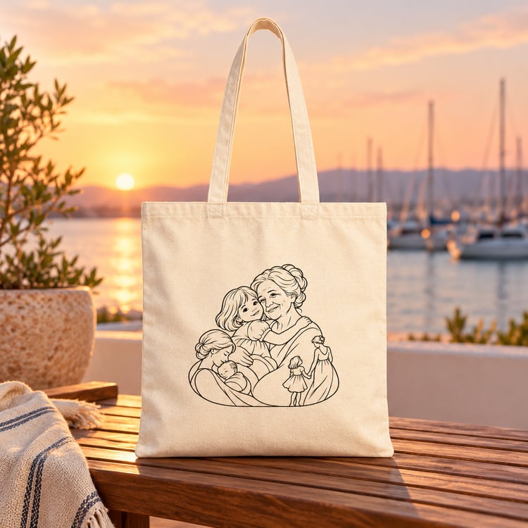 Natural canvas tote with Grandmother/Girl family line artwork displayed on a wooden table overlooking a marina at sunset.