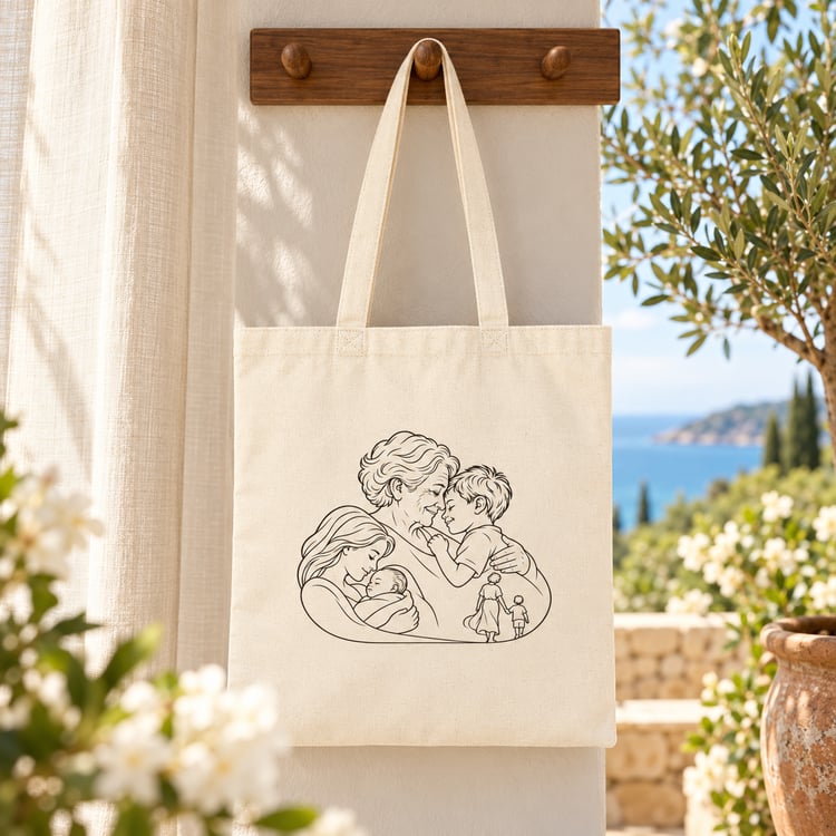 Natural canvas tote with Grandmother/Boy family line artwork hanging from a wooden wall hook in a sunlit coastal setting.