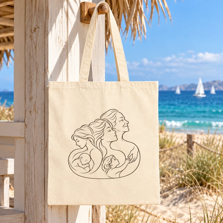 Natural canvas tote with Motherhood family line artwork hanging on a beach cabana overlooking turquoise water.