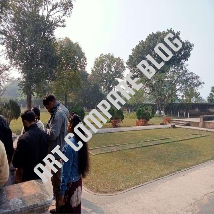 Group of Tourists Standing and Observing Manicured Lawns and Graves in Khushbagh Garden Cemetery - Murshidabad Heritage Site, West Bengal