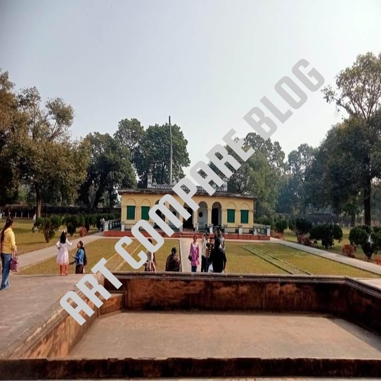 Tourists Viewing Yellow Arched Building Across Manicured Lawns and Dry Water Tank - Khushbagh Cemetery Garden Perspective, Murshidabad