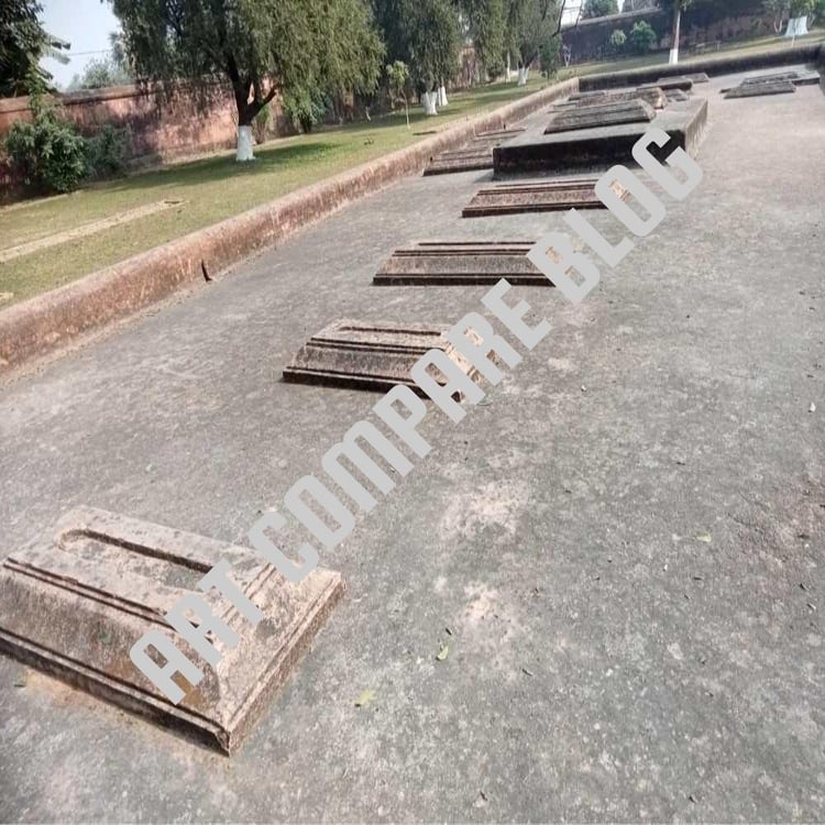 Multiple Ancient Stone Graves in Row on Concrete Terrace with Garden and Trees - Khushbagh Cemetery Royal Family Tombs, Murshidabad
