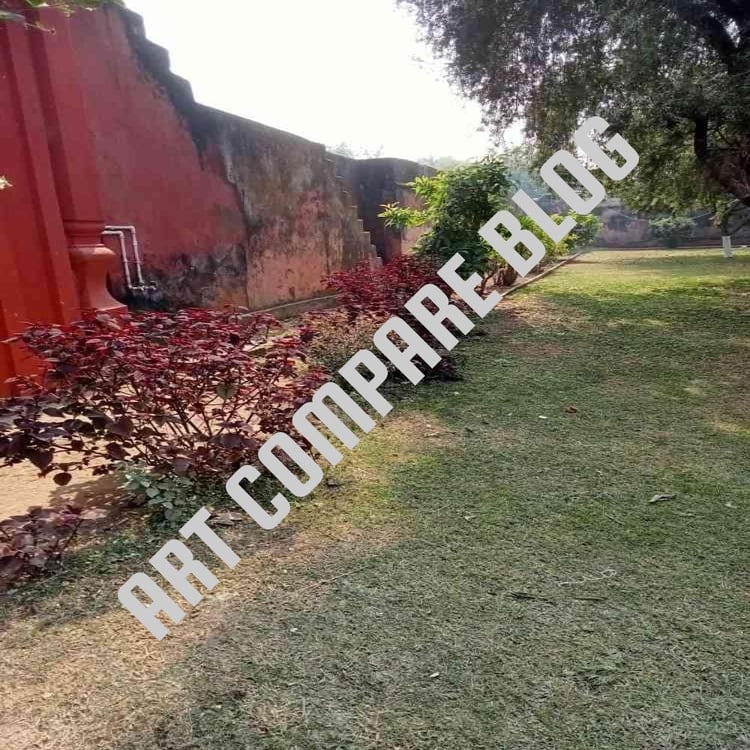 Green Lawn with Red-Leaved Ornamental Plants Along Weathered Red Boundary Wall - Khushbagh Cemetery Garden Side View, Murshidabad