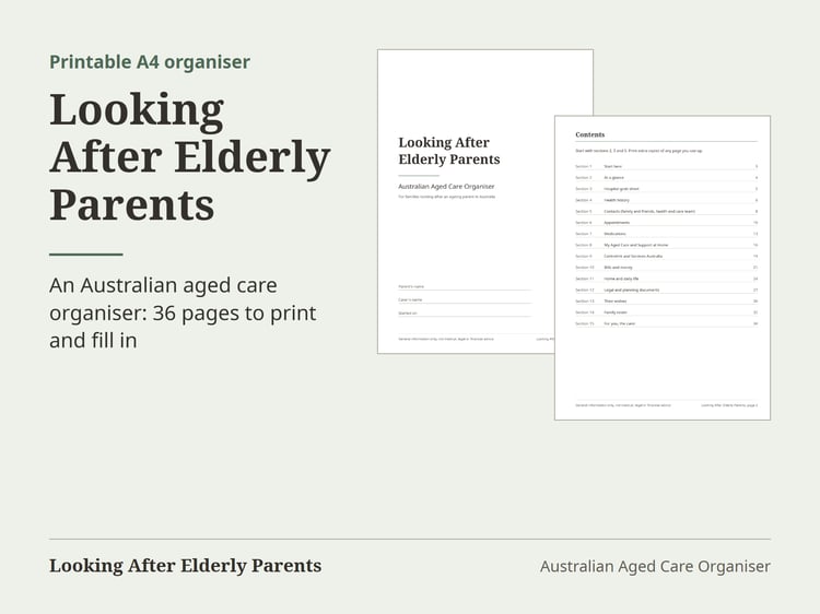 Cover and contents page of Looking After Elderly Parents, an Australian aged care organiser to print or type into