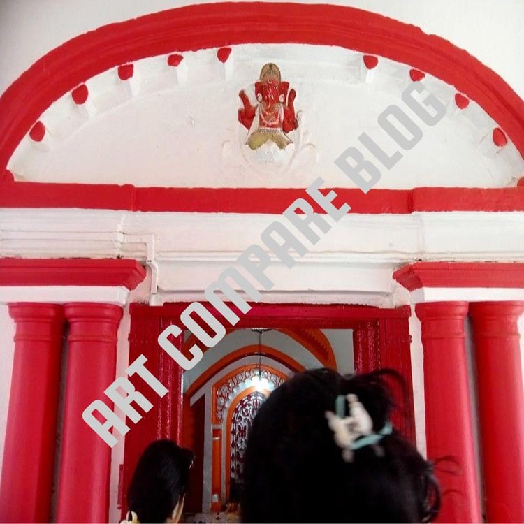 Devotees Entering Red and White Temple Doorway with Lord Ganesha Idol Sculpture on Top Arch - Murshidabad Hindu Temple Entrance