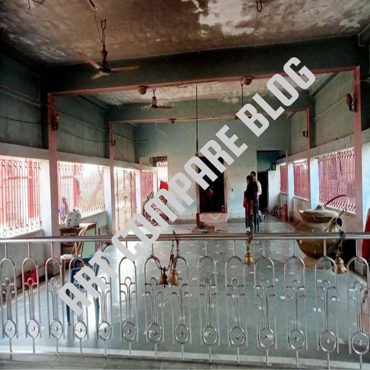 Spacious Old Temple Verandah with Steel Railing and Hanging Bells and Visitors Standing Near Sanctum - Murshidabad Heritage Temple Interior