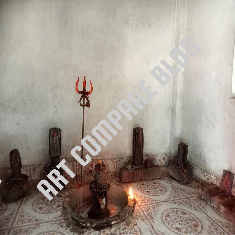 Five Black Stone Shiva Lingams with Trishul and Lit Diya Inside Simple White Tiled Temple Sanctum - Murshidabad Shiv Mandir