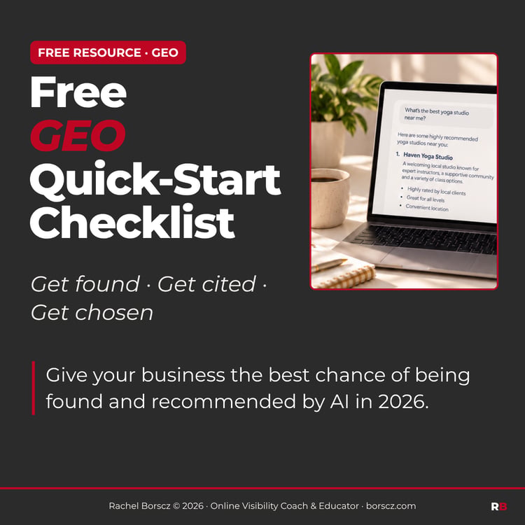 Free GEO Quick-Start Checklist by Rachel Borscz, a five-step system to help your business be found and recommended by AI, shown beside a laptop with an AI answer listing a local yoga studio.