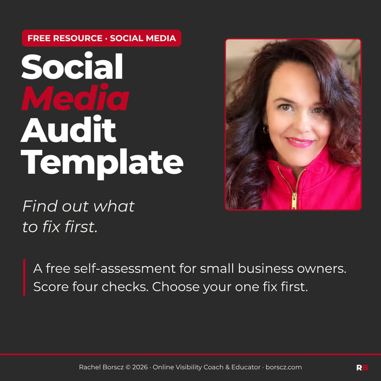 Free Social Media Audit Template by Rachel Borscz, a self-assessment for small business owners, with a photo of Rachel smiling in a bright pink zip-up top.