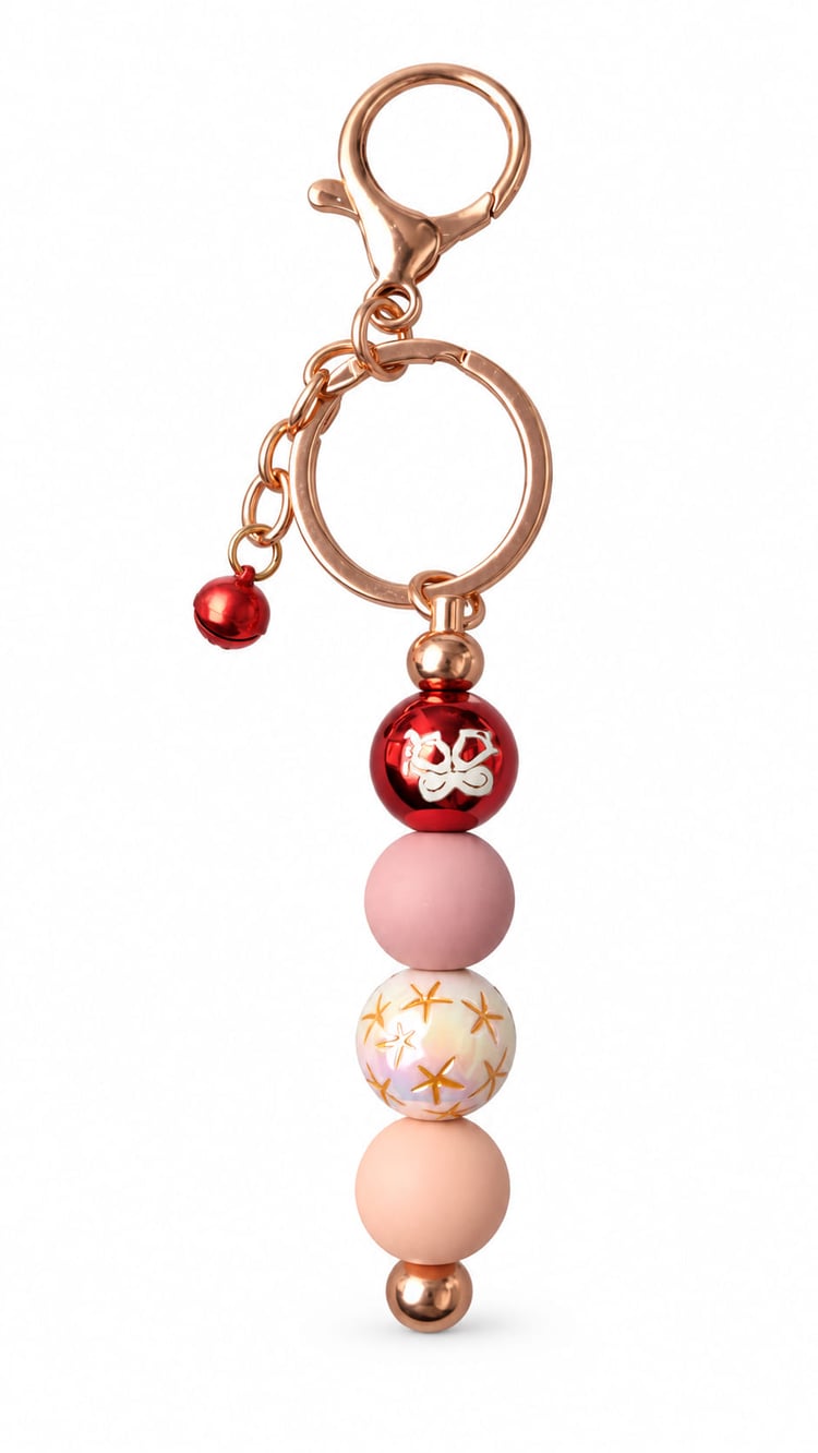Handmade blush pink Christmas beaded keychain with red festive bead, pearl-style gold star bead, rose-gold-tone hardware and red jingle bell.