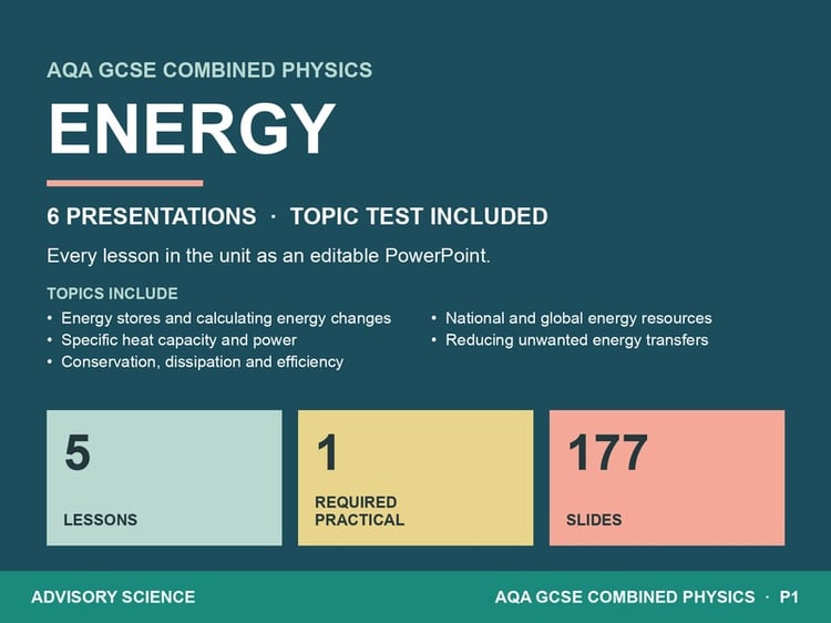 AQA GCSE Combined Science Physics P1 Energy | 6 Lesson Presentations and Topic Test: cover