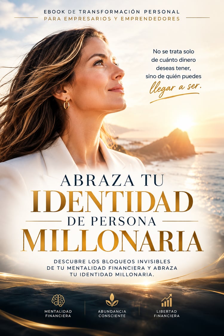Portada del ebook Abraza tu identidad de persona millonaria, con una mujer mirando al horizonte junto al mar, tonos dorados y un enfoque en mentalidad financiera y abundancia.