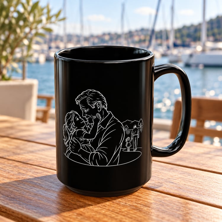 Grandfather/Girl 15oz black ceramic mug with white line artwork of a grandfather and little girl, handle facing right, on a wooden table overlooking a marina.