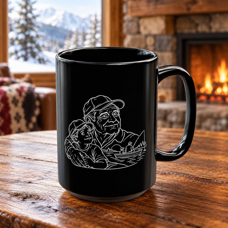 Grandfather/Boy 15oz black ceramic mug with white line artwork of a grandfather and little boy, handle facing right, beside a fireplace and snowy mountain view.