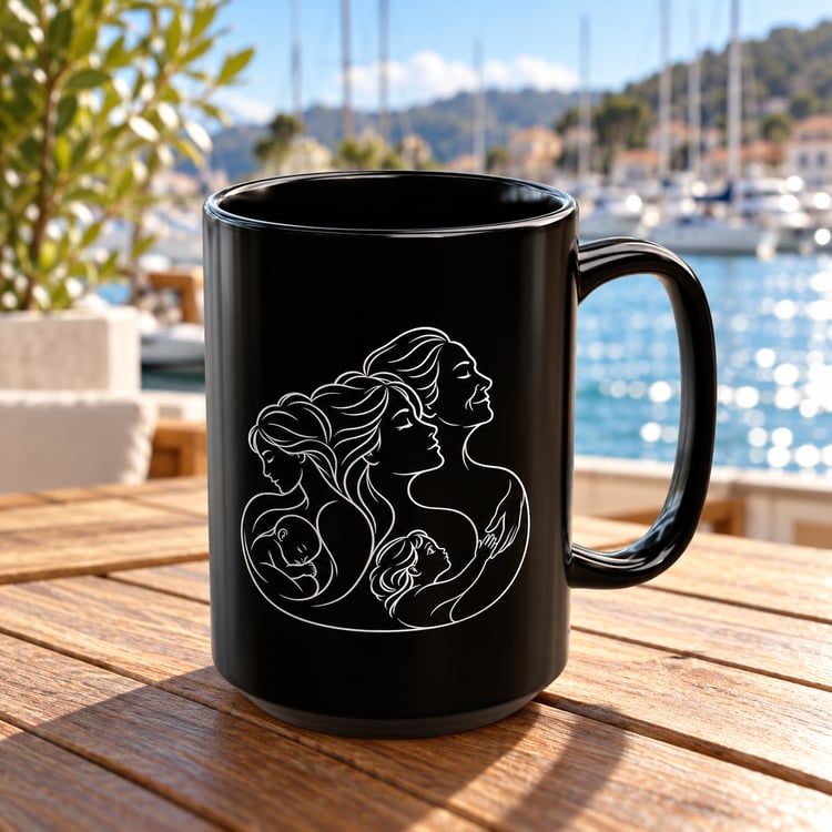 Motherhood 15oz black ceramic mug with white generational line artwork and handle facing right, on a wooden table overlooking a sunny marina.