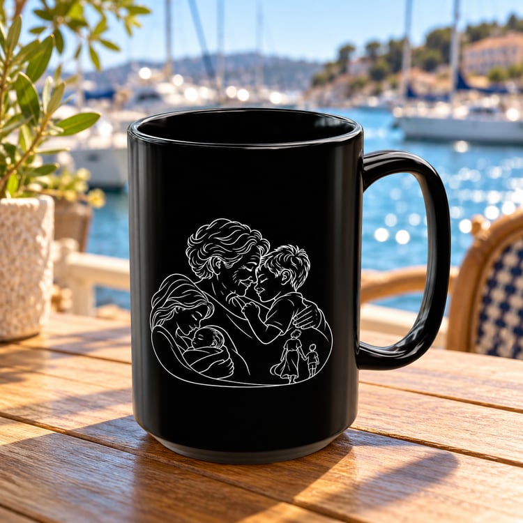 Grandmother/Boy 15oz black ceramic mug with white line artwork of a grandmother and little boy, handle facing right, on a wooden table overlooking a sunny marina.