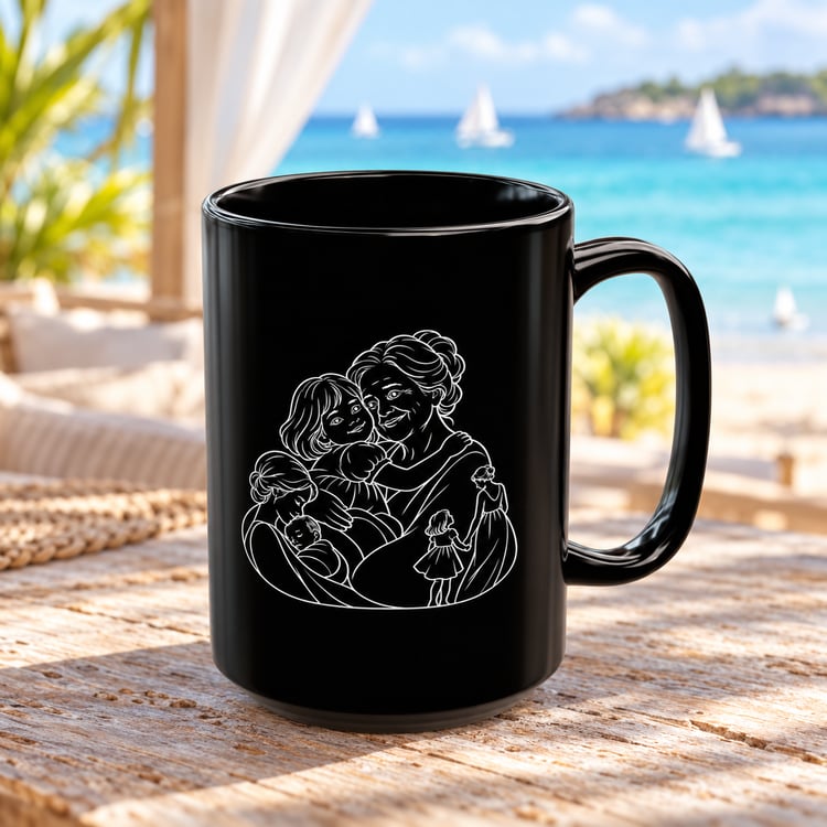 Grandmother/Girl 15oz black ceramic mug with white family line artwork and handle facing right, on a wooden table overlooking blue ocean and sailboats.
