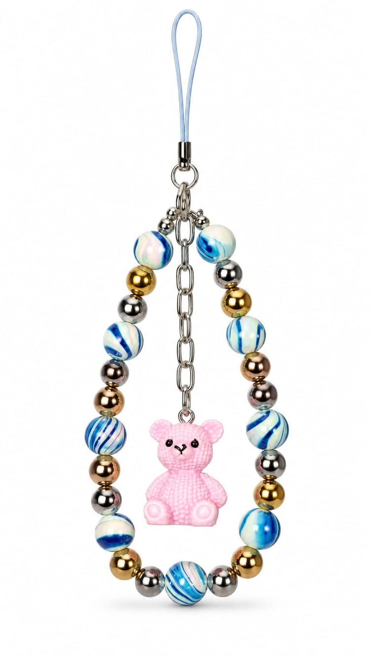 Handmade blue beaded phone and bag charm with blue and white marbled beads, metallic accent beads, pink teddy bear charm and pale blue cord loop.