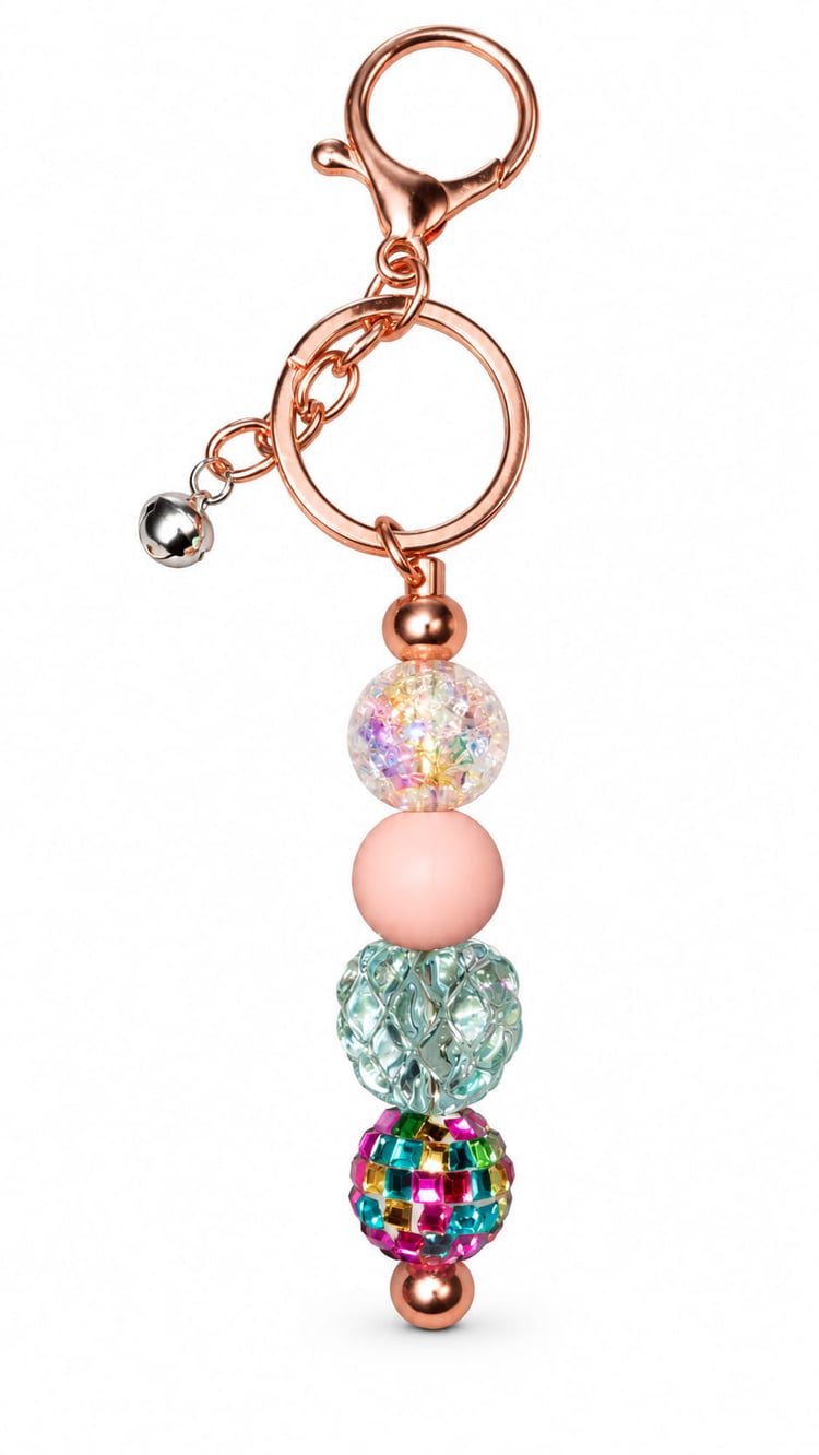 Handmade Christmas beaded keychain with rose gold-tone keyring, pink, aqua and multicoloured sparkling beads and small silver bell charm.