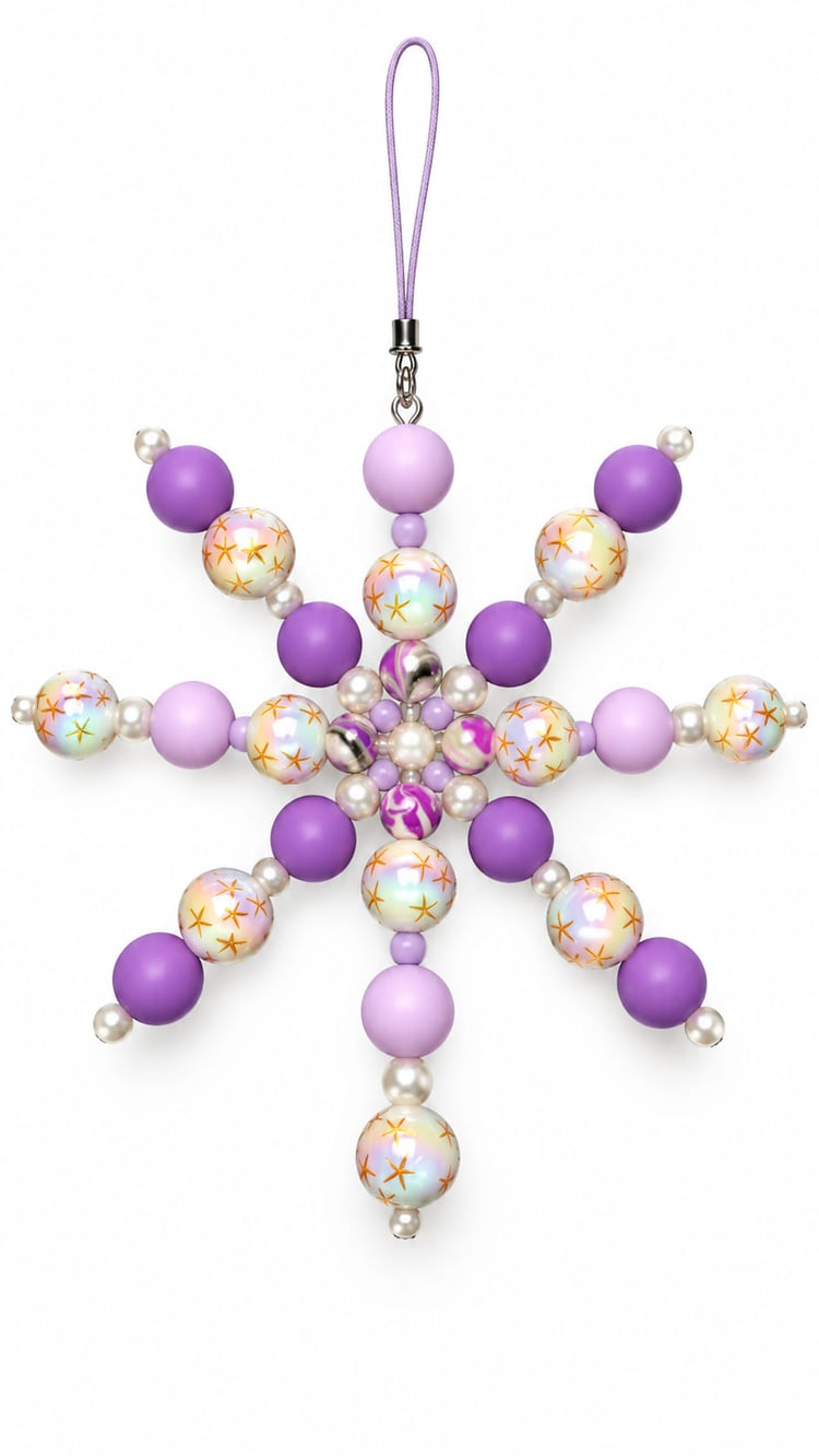 Large handmade purple beaded snowflake Christmas decoration with lilac silicone beads, faux pearls, star-pattern acrylic beads and marbled centre beads.