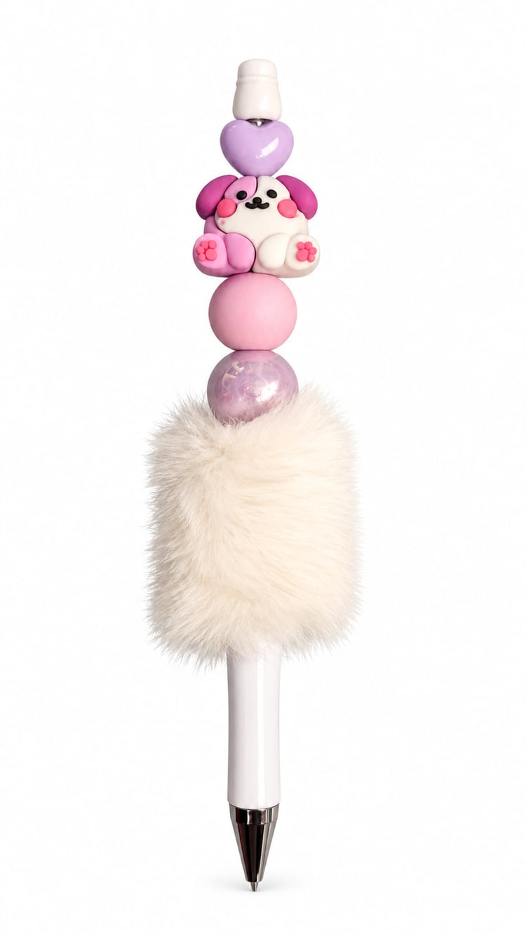 Handmade pink puppy beaded pen with lilac heart bead, pastel pink beads, iridescent detail and a soft cream fluffy sleeve on a white background.