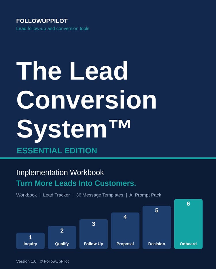 The Lead Conversion System Essential Edition workbook cover Included: Workbook, lead tracker, message templates, AI prompts and checklist Process: Six-step lead conversion process from inquiry to onboarding Tracker: Lead tracker spreadsheet with follow-up