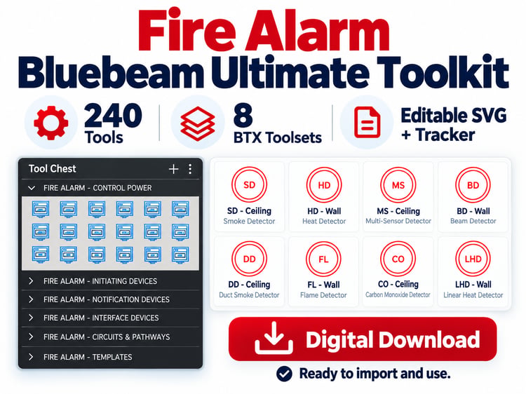 240 fire alarm symbols for Bluebeam Revu featuring smoke detectors, heat detectors, notification devices, 8 BTX toolsets and editable SVG files.