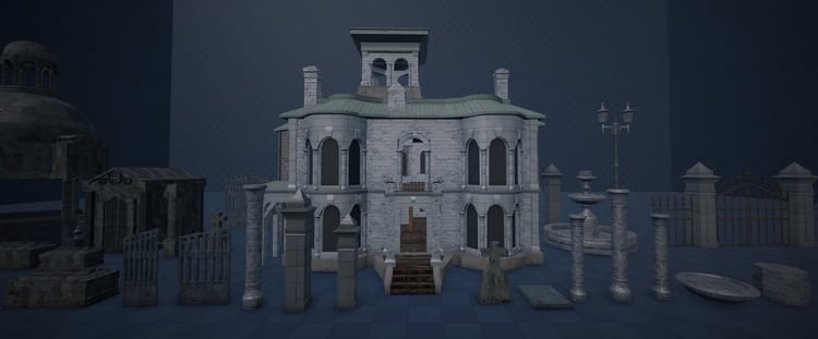 Two-floor gothic mansion with enterable interior rooms