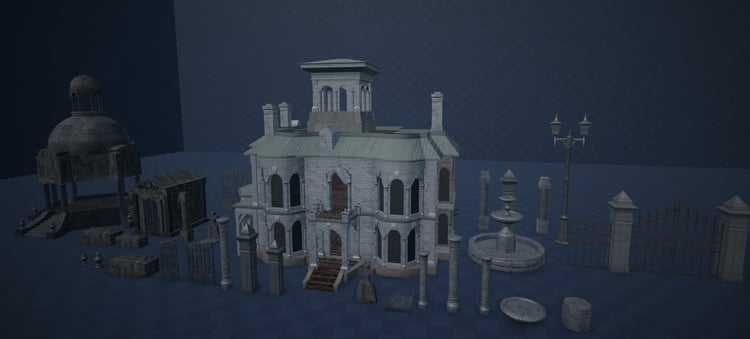Gothic haunted mansion with balconies and roof tower