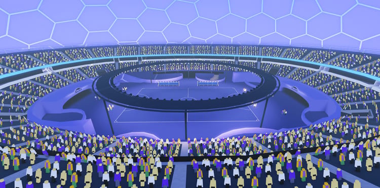 Large football field surrounded by colorful spectator stands