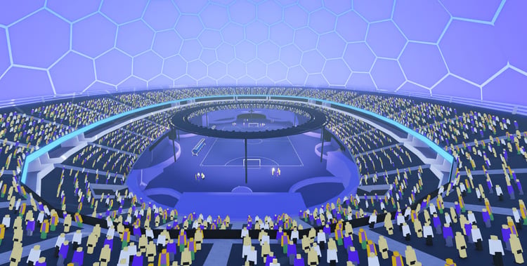 Futuristic neon soccer stadium with glowing hexagonal dome