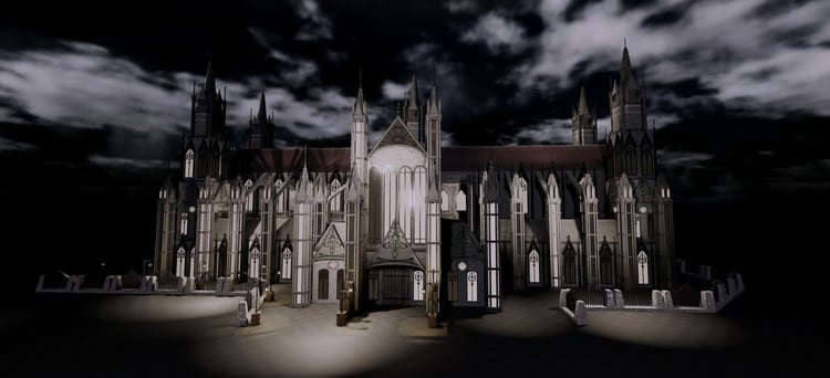 Ornamental stone arches and decorative buttresses